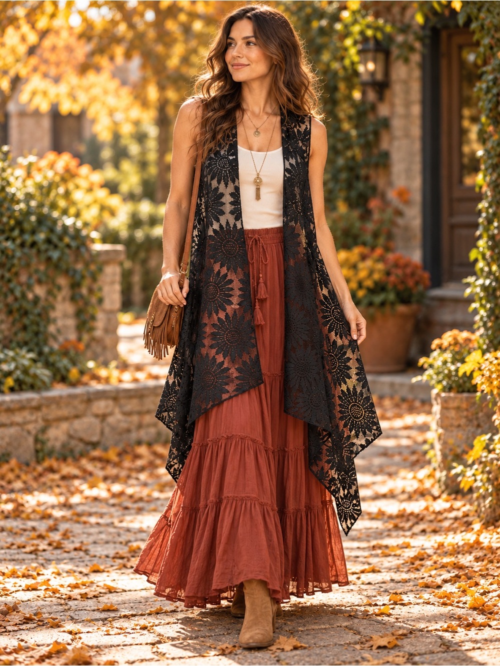 Black Sheer Floral Lace Boho Vest